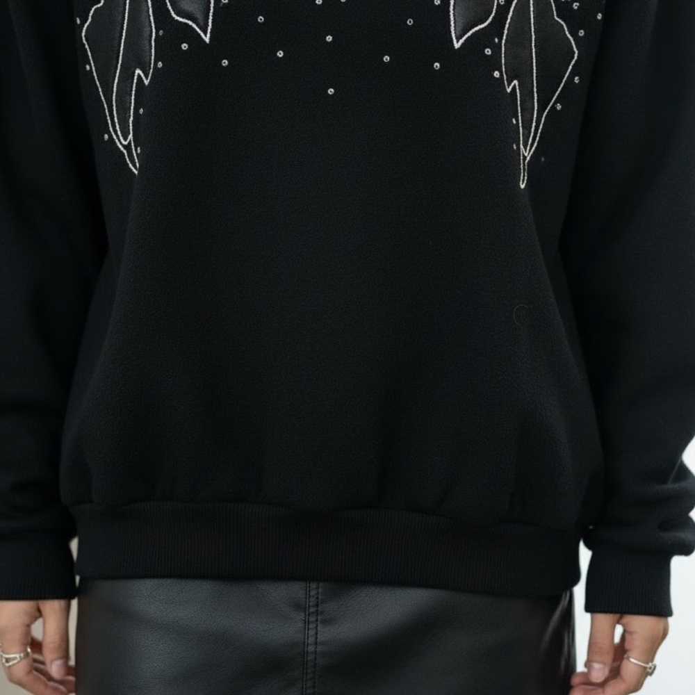 Vintage Black Rhinestone Floral Mock Neck Sweatshirt 80s 90s Coquette L - Picture 6 of 10